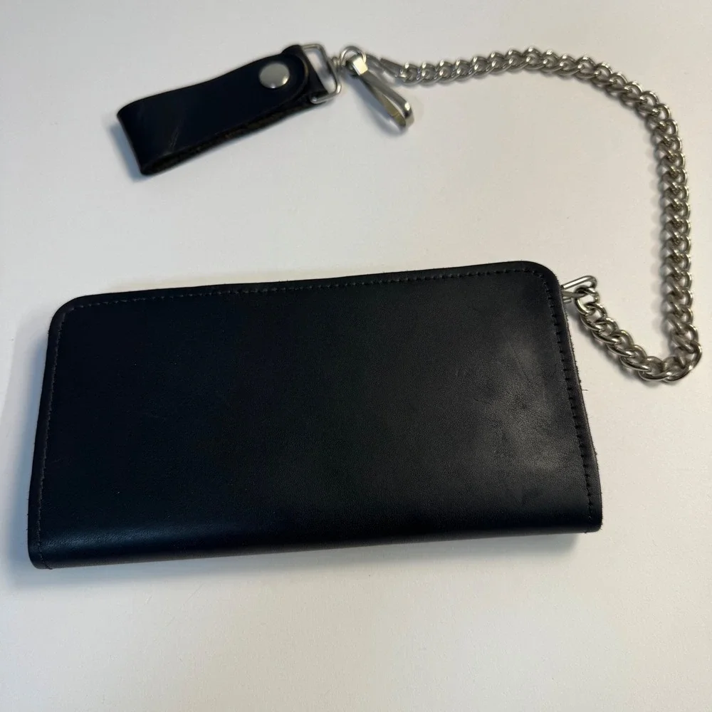 Harley-Davidson Black Leather Biker Chain Wallet Embroidered Logo Snap Closure